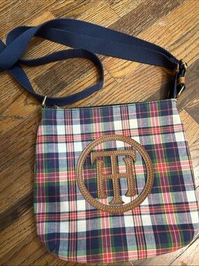 Tommy Hilfiger Multicolor Plaid Crossbody with Navy Strap and Tan Trim